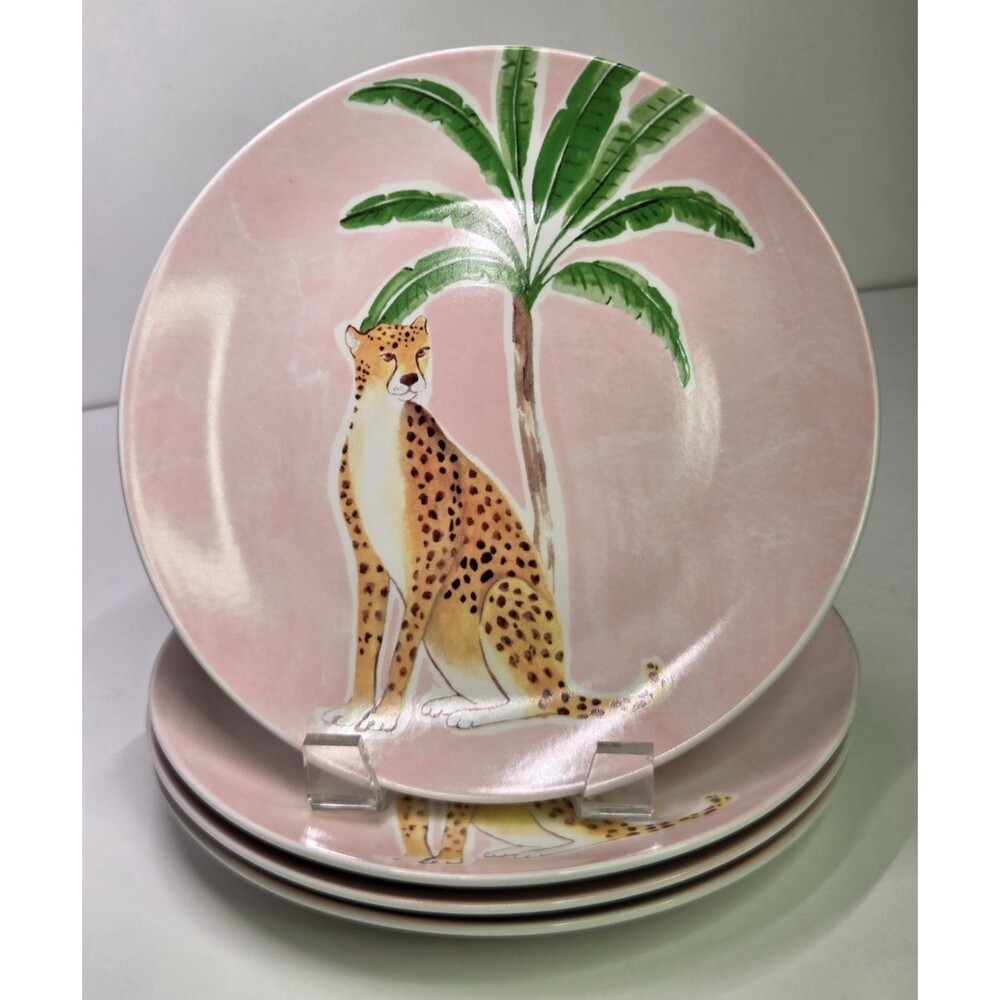 Set Of 4 Bluebird and Willow Cheetah Palm Tree Porcelain Appetizer Plates 8"